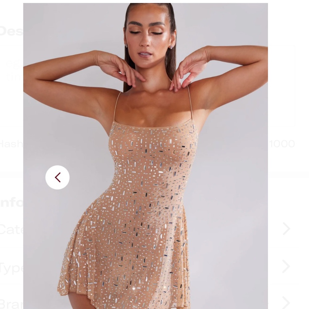 Sheer Embellished Scoop Neck Mini Dress in Almond
